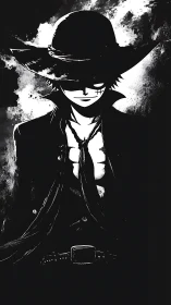 Shadowed anime gunslinger framed in stark monochrome light.