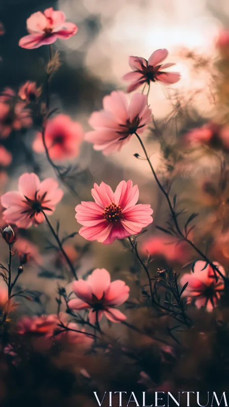 Pink cosmos blooms pierce soft-focus haze with vivid presence.