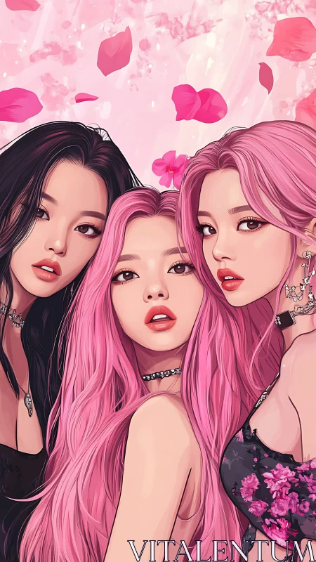Soft pop trio framed by swirling pink petals and light.