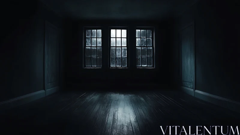 Dark empty room with rain-streaked windows evokes quiet dread.