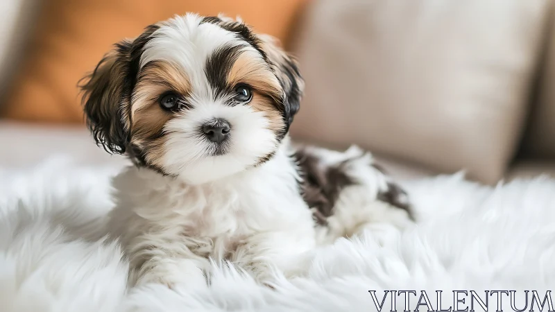 Fluffy tricolor puppy rests on white faux fur blanket