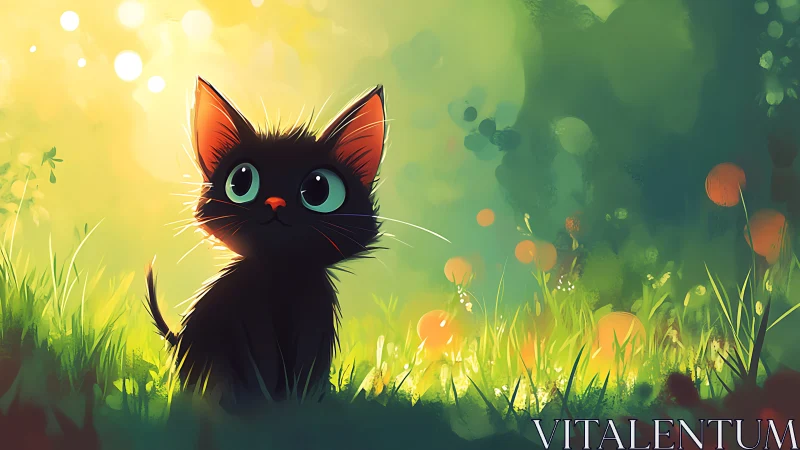 Black Cat in Grass with Flowers and Bokeh Light Effects