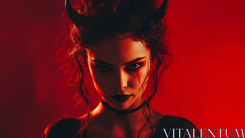 Demonic portrait in red chiaroscuro with stylized horns.