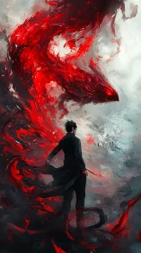 Fiery red spirit coils around a lone dark figure.