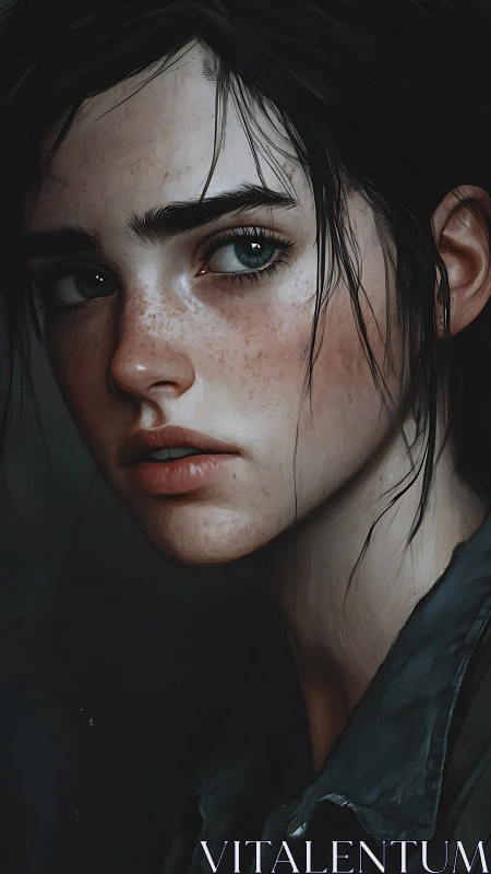 Digital portrait of freckled young woman in side profile.