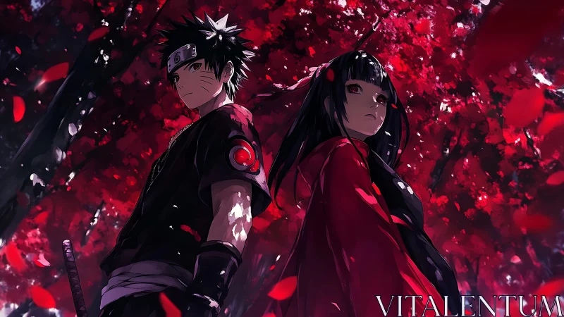 Two anime figures under dense red foliage in forest setting.