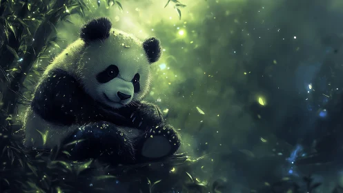 Bioluminescent panda resting in luminous forest mist.