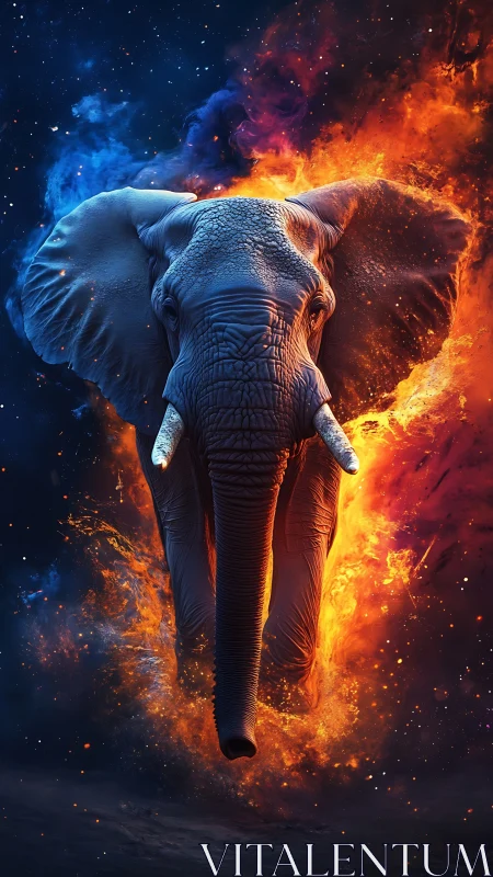 Cosmic elephant emerges between blazing fire and cool nebula.