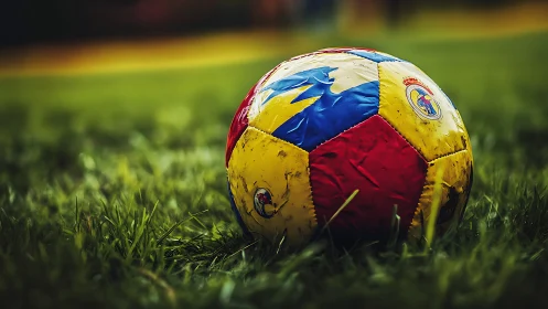 Colorful worn soccer ball rests quietly on lush grass field