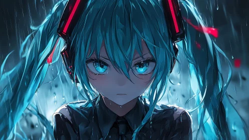 Blue haired anime girl stands in heavy rain with intense gaze