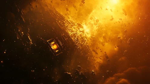 Colossal star-forged space station amid burning debris field.