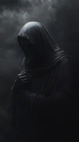 Hooded wraith shrouded in shadows contemplates the abyss
