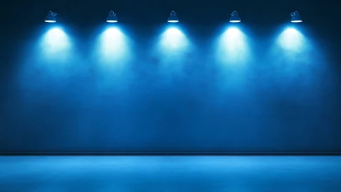 Blue interior wall is illuminated by five aligned spotlights
