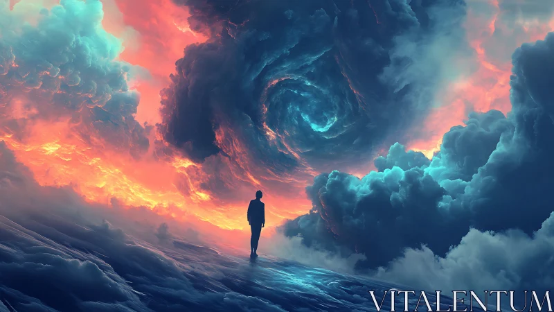 Silhouette observing turbulent vortex sky in neon stormfront