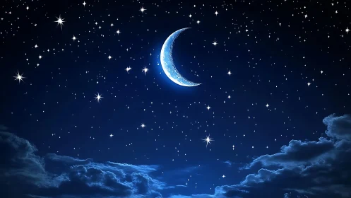 Crescent moon glows among dense stars above soft night clouds