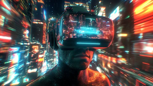 Cybernetic subject in neon VR cityspace with motion parallax.