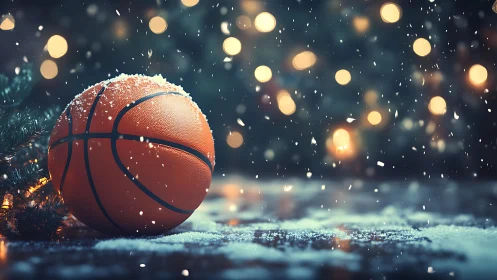 Basketball on snowy surface with blurred festive lights.