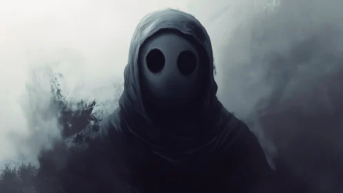 Digital painting of void-eyed cloaked figure in fogbound negative space.