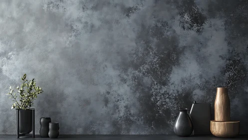 Vases and plant arranged against textured gray cement wall