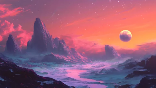 Distant moon rises above stratified alien mountain landscape