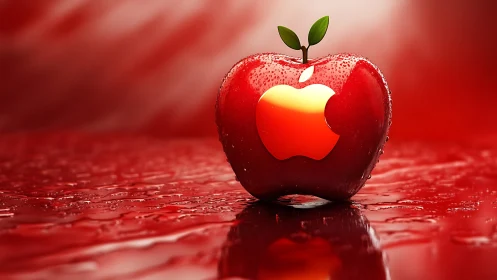 Glossy red apple emblem with luminous cutout and droplets