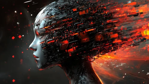 Shattered data winds streak through a serene cybernetic muse