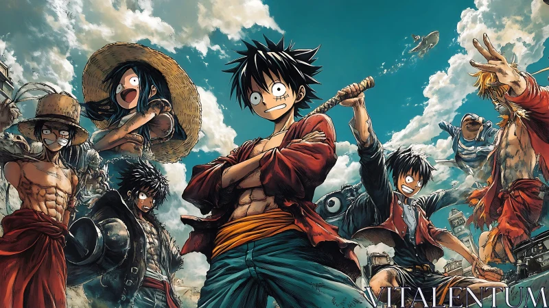 Anime pirates group under dynamic stormy sky, heroic stance.