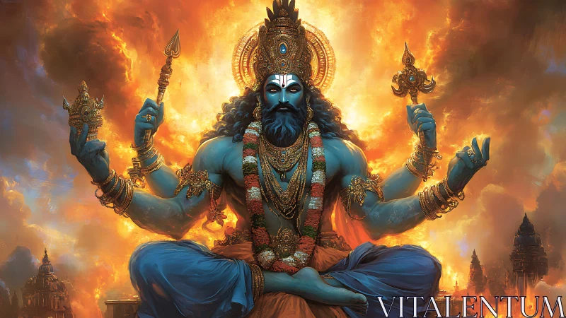 Divine blue deity meditates amid blazing celestial fire.