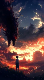 Silhouetted boy faces colossal dragon against burning sky