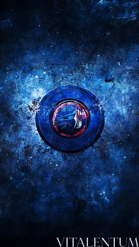 Cosmic blue emblem glows gently in a storm of scattered stars