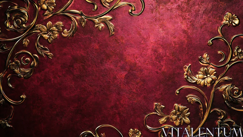 Ornate golden floral scrollwork frames deep crimson backdrop.