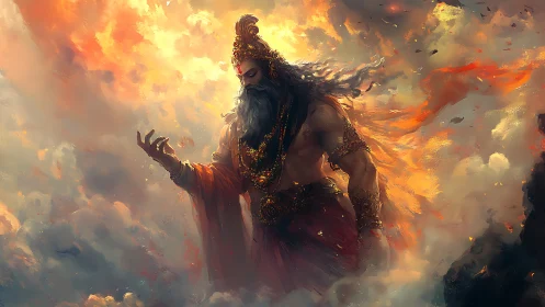 Mythic robed figure emerging from dense illuminated clouds.