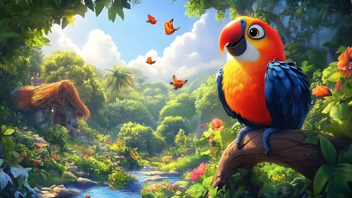 Colorful parrot watches fluttering butterflies in lush valley.