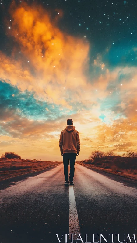 Backlit figure on vanishing highway beneath chromatic nebula sky.