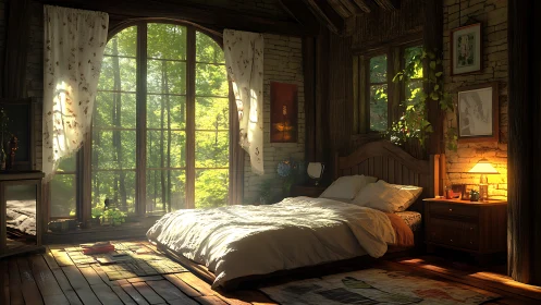 Sunlit forest bedroom wrapped in quiet rustic comfort.