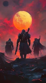 Bold space wanderers stride toward a blazing alien sun