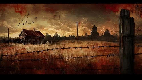 Barbed-wire horizon with derelict farmhouse at incendiary dusk.