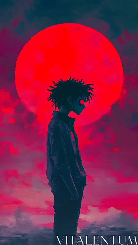 Silhouetted youth stands before colossal neon red sun