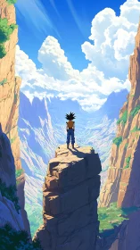 Backlit anime figure surveys stratified canyon under towering cumulus