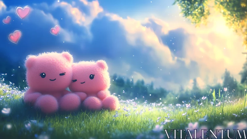 Pink anthropomorphic figures in pastoral landscape with heart motifs.