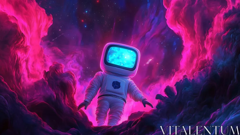 Neon nebula wanderer with a glowing screenface helmet.