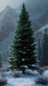 Solitary conifer under snowfall rendered in photoreal detail