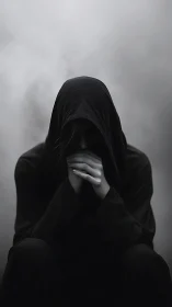 Hooded figure in monochrome chiaroscuro contemplates in silence