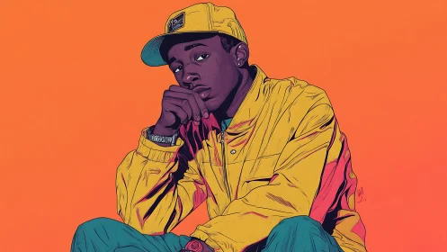 Bold street portrait in sunlit yellow against vivid orange.