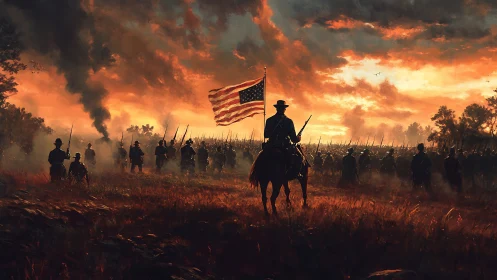 Mounted Union officer leads infantry line under blazing sky