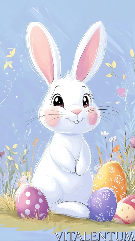 Sweet spring bunny resting among colorful easter eggs.