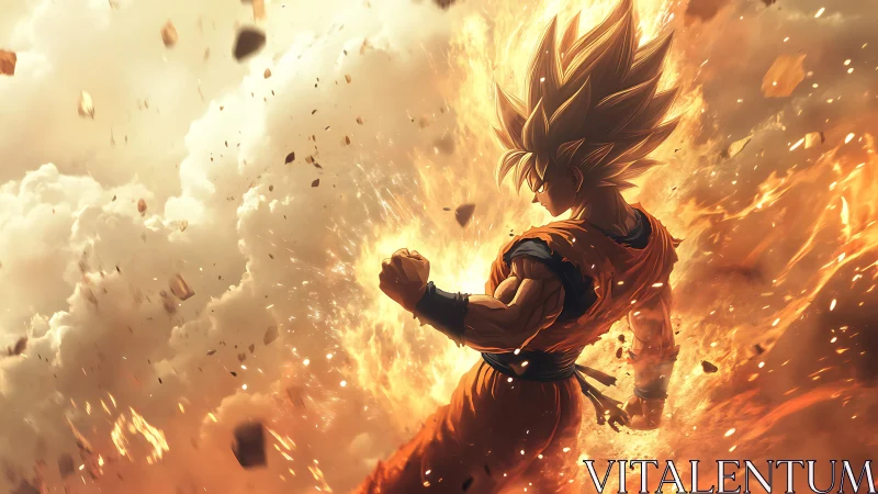 Spiky haired fighter in orange gi amid explosive flames.