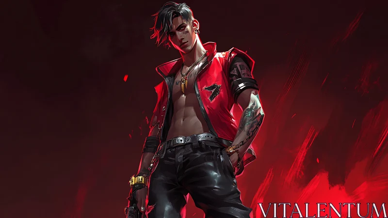 Rebel street hero in bold red jacket and glowing attitude.