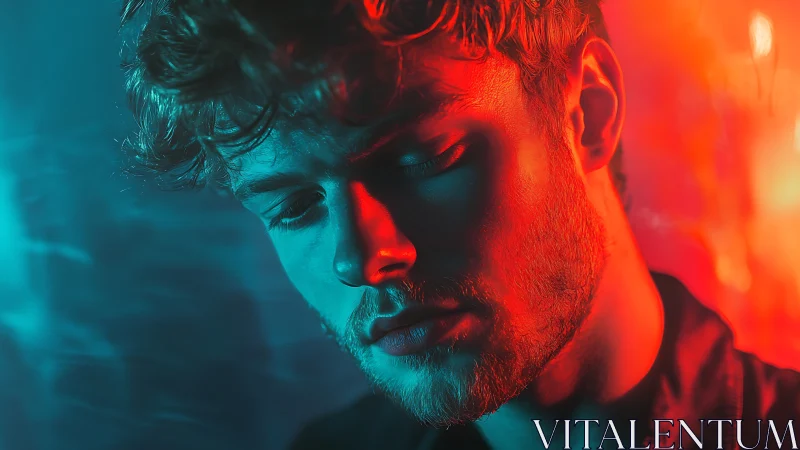 Neon-split portrait of pensive man in electric twilight glow.