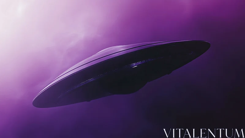 Sleek purple UFO spacecraft against glowing misty sky.